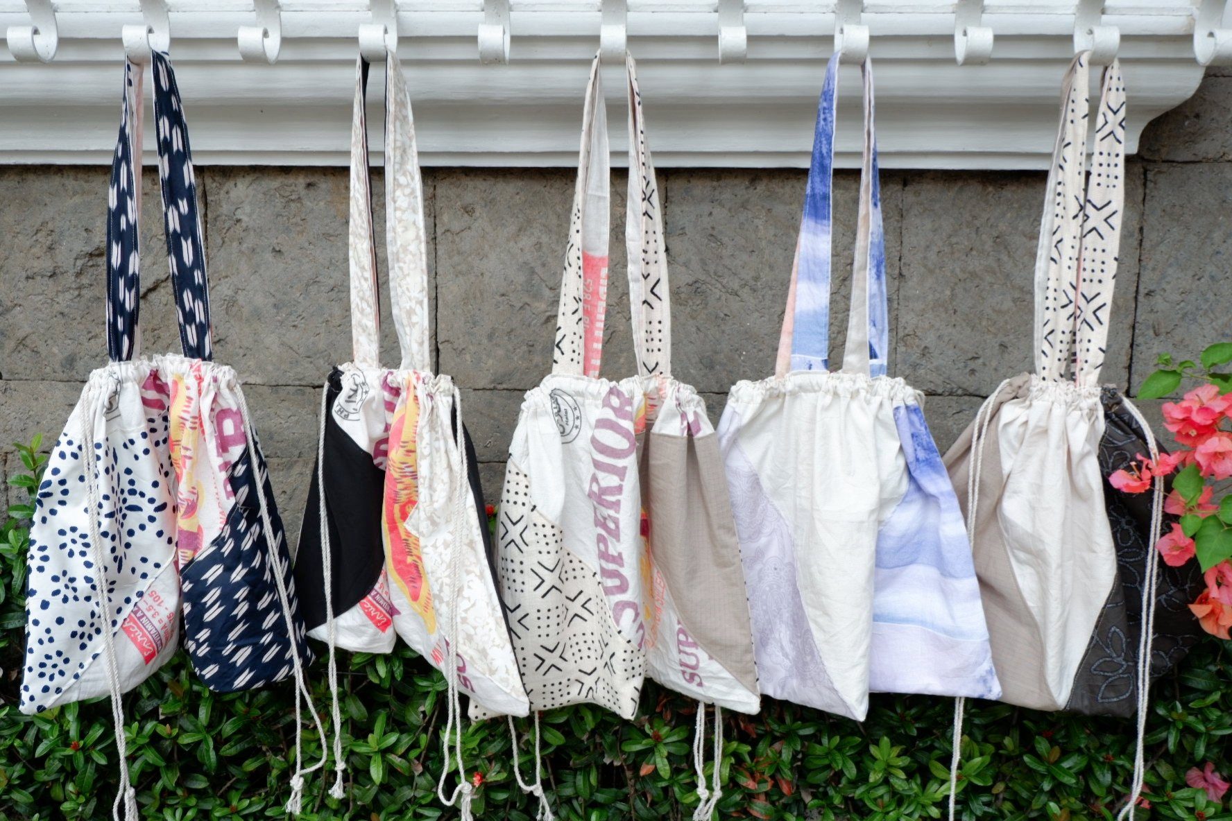 Katsa Day Tote: Everyday drawstring tote made from upcycled 25-kilo katsa flour sacks.