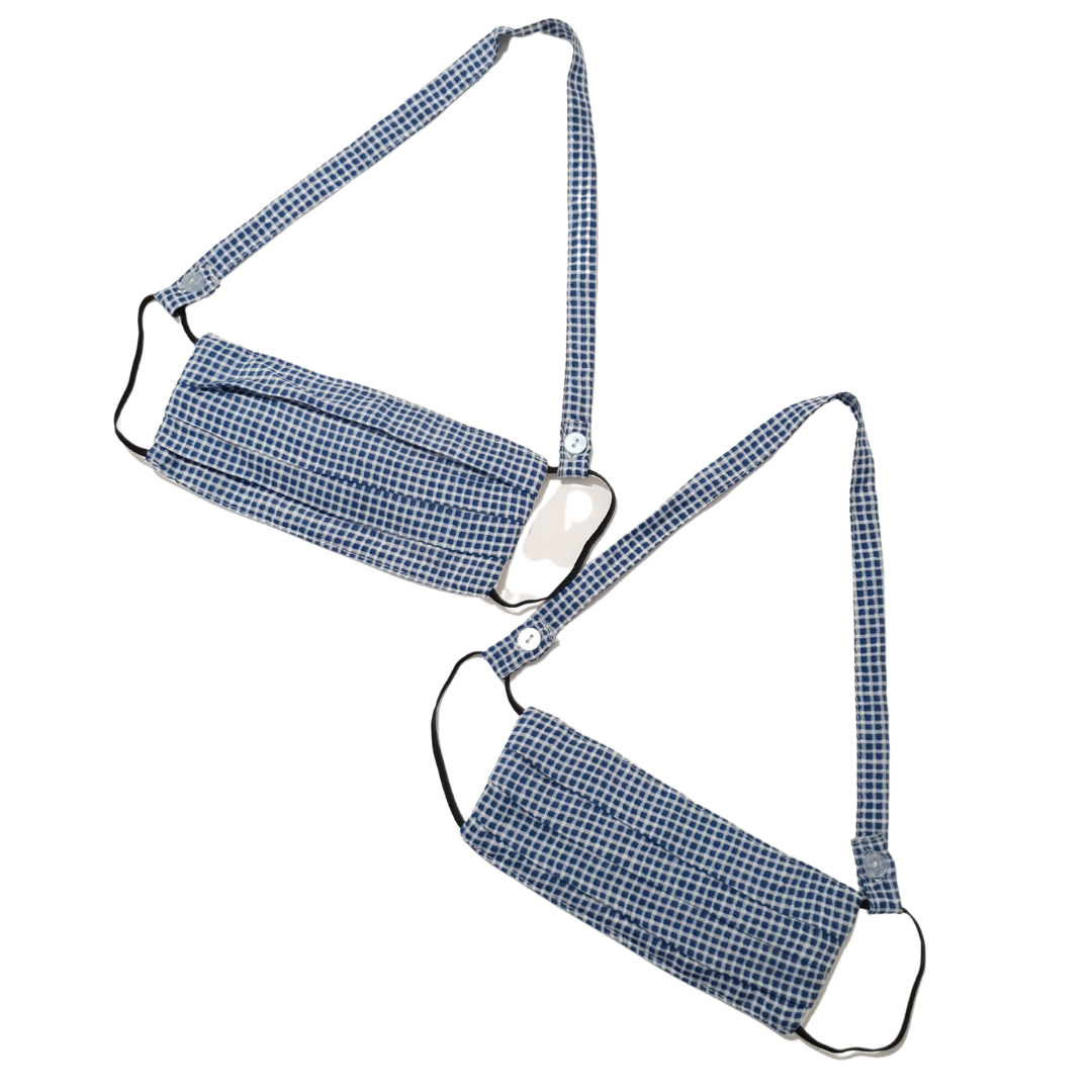 Mask + Lanyard Set: Adult face mask and lanyard set in dark blue upcycled fabric.